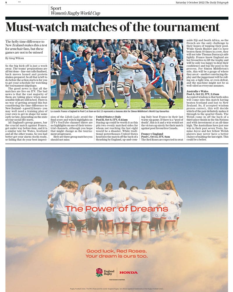 The Telegraph and Honda team up for Womens Rugby World Cup » Newsworks